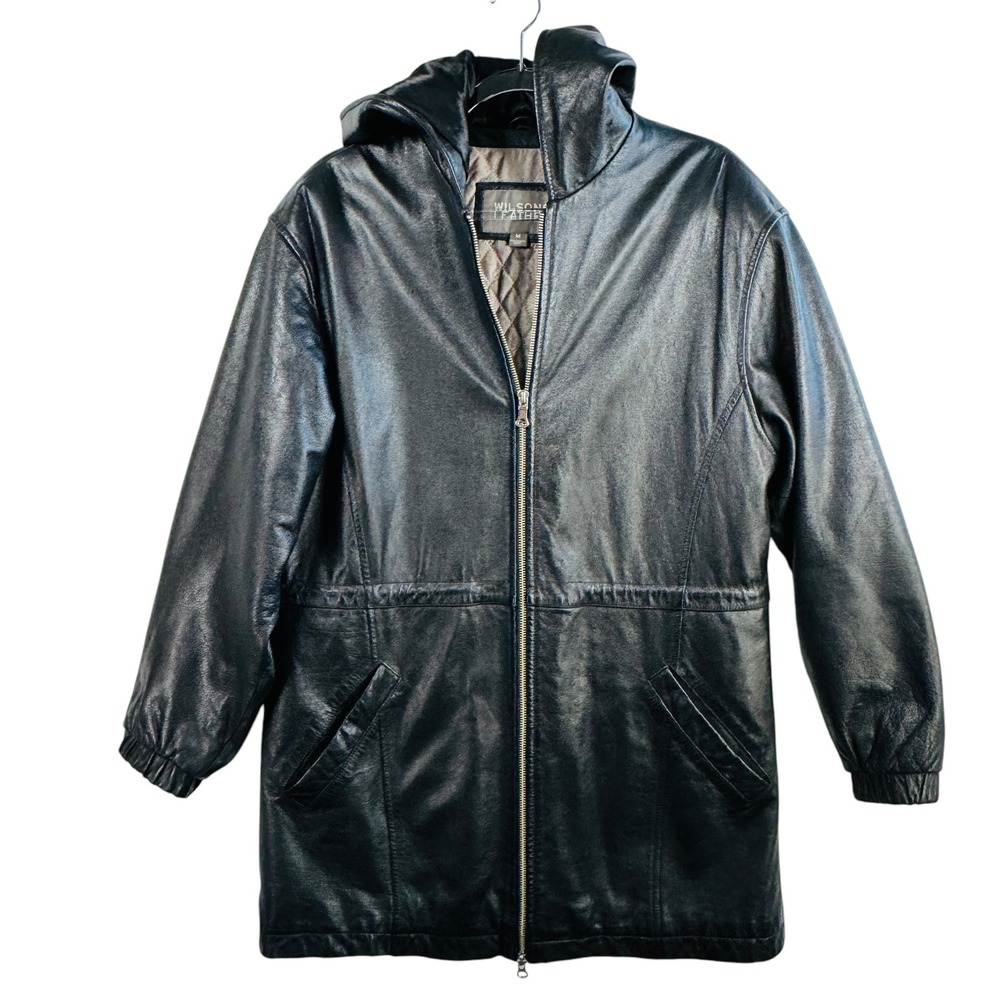 Wilsons Leather Hooded Leather Coat‎ Full Zip Pockets Black Size M Capsule READ